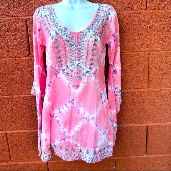 Calypso St Barth womens sz small boho tunic mini dress cover up pink tie dye - Picture 1 of 15